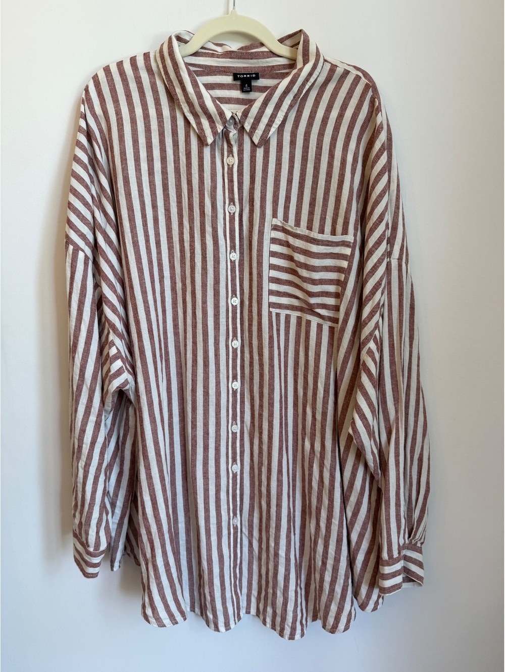 Torrid Brown and White Striped Button-Up Shirt Fall Oversized Cozy Top Size 4